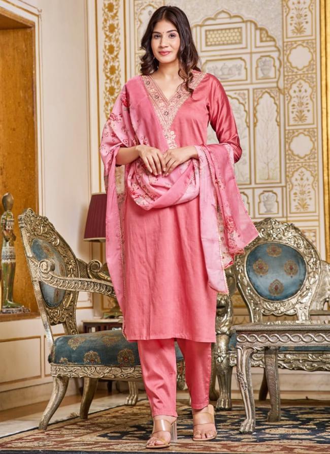 Pure Viscose Pink Festival Wear Sequins Work Readymade Straight Suit